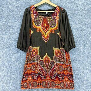 Cha Cha Vente Sheath Dress Women L Black Orange Paisley 3/4 Sleeve Crew Sleeve